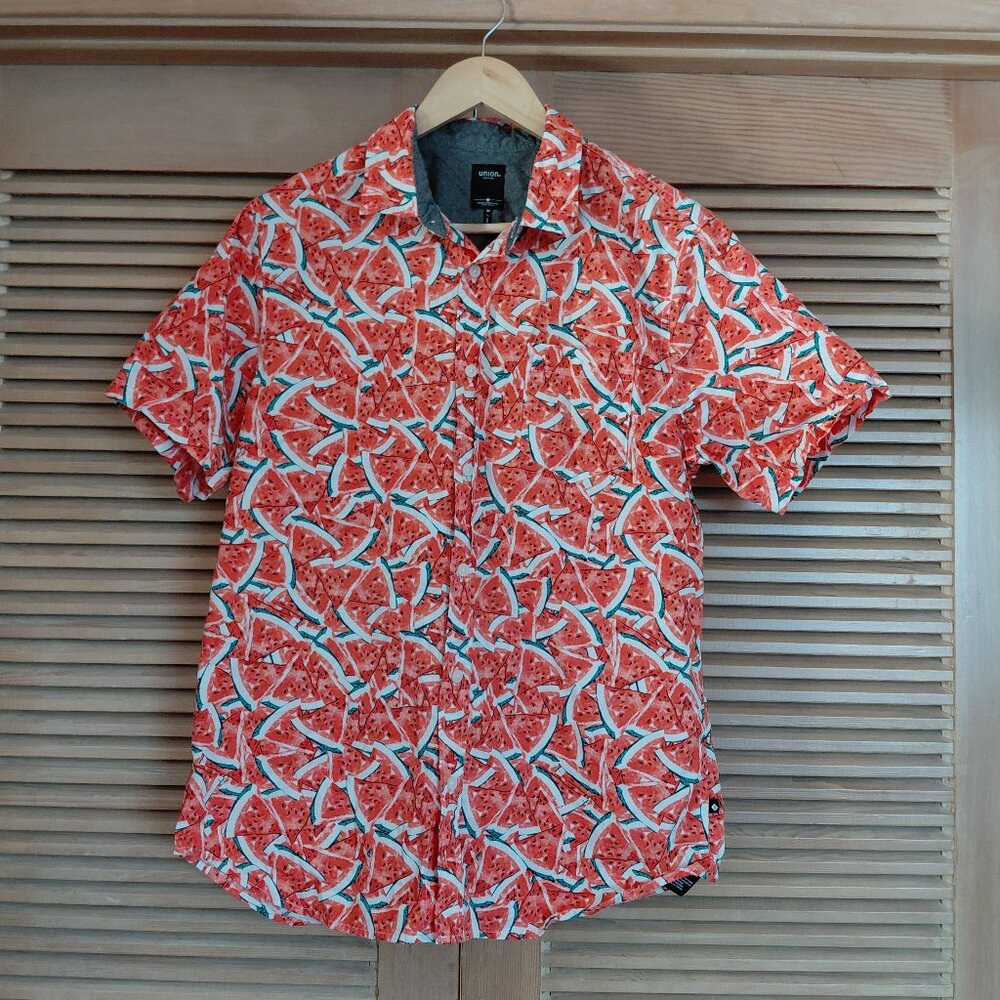 Union SEA/WA Men's Red Watermelon Print Slim-Fit Camp Shirt Cotton Size M